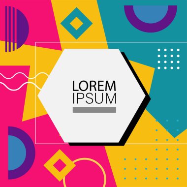 Dekoratif elementlere sahip soyut arkaplan Vibrant Memphis Tarzı Vektörü. Funky Grafik Aksanlı Soyut Arkaplan Geometrik Memphis Sanatı. Kopyalama alanı olan soyut arkaplan.