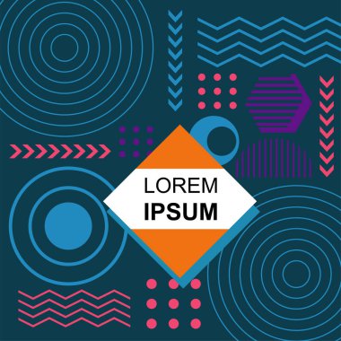 Dekoratif elementlere sahip soyut arkaplan Vibrant Memphis Tarzı Vektörü. Funky Grafik Aksanlı Soyut Arkaplan Geometrik Memphis Sanatı. Kopyalama alanı olan soyut arkaplan.