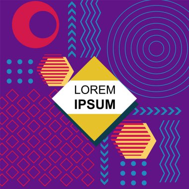 Dekoratif elementlere sahip soyut arkaplan Vibrant Memphis Tarzı Vektörü. Funky Grafik Aksanlı Soyut Arkaplan Geometrik Memphis Sanatı. Kopyalama alanı olan soyut arkaplan.