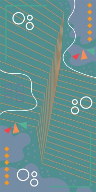 Dekoratif Vektör Arkaplan Organik Akış ve Geometrik Kesinlik. Boho Soyut Arkaplan Eğrisi Çizgileri ve Geometrik Aksanlar. Geometrik şekillerin mozaiğiyle soyut arkaplan.