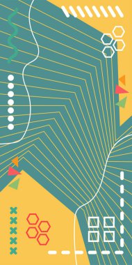 Dekoratif Vektör Arkaplan Organik Akış ve Geometrik Kesinlik. Boho Soyut Arkaplan Eğrisi Çizgileri ve Geometrik Aksanlar. Geometrik şekillerin mozaiğiyle soyut arkaplan.