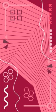 Dekoratif Vektör Arkaplan Organik Akış ve Geometrik Kesinlik. Boho Soyut Arkaplan Eğrisi Çizgileri ve Geometrik Aksanlar. Geometrik şekillerin mozaiğiyle soyut arkaplan.