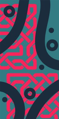 Dekoratif Vektör Arkaplan Organik Akış ve Geometrik Kesinlik. Boho Soyut Arkaplan Eğrisi Çizgileri ve Geometrik Aksanlar. Geometrik şekillerin mozaiğiyle soyut arkaplan.