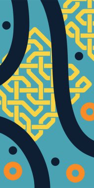 Dekoratif Vektör Arkaplan Organik Akış ve Geometrik Kesinlik. Boho Soyut Arkaplan Eğrisi Çizgileri ve Geometrik Aksanlar. Geometrik şekillerin mozaiğiyle soyut arkaplan.