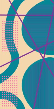 Çizgili Modern Soyut Mozaik ve Geometrik Şekiller Süslemeli Vektör Tasarımı. Noktalar, çizgiler ve geometrik şekiller mozaiğiyle soyut bir arkaplan. Memphis tarzı sanat ile poster için soyut arkaplan.