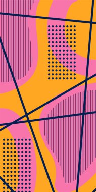 Çizgili Modern Soyut Mozaik ve Geometrik Şekiller Süslemeli Vektör Tasarımı. Noktalar, çizgiler ve geometrik şekiller mozaiğiyle soyut bir arkaplan. Memphis tarzı sanat ile poster için soyut arkaplan.