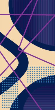 Çizgili Modern Soyut Mozaik ve Geometrik Şekiller Süslemeli Vektör Tasarımı. Noktalar, çizgiler ve geometrik şekiller mozaiğiyle soyut bir arkaplan. Memphis tarzı sanat ile poster için soyut arkaplan.