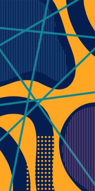 Çizgili Modern Soyut Mozaik ve Geometrik Şekiller Süslemeli Vektör Tasarımı. Noktalar, çizgiler ve geometrik şekiller mozaiğiyle soyut bir arkaplan. Memphis tarzı sanat ile poster için soyut arkaplan.