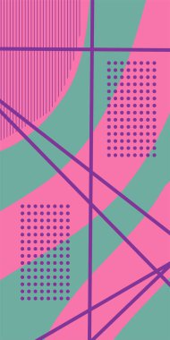 Çizgili Modern Soyut Mozaik ve Geometrik Şekiller Süslemeli Vektör Tasarımı. Noktalar, çizgiler ve geometrik şekiller mozaiğiyle soyut bir arkaplan. Memphis tarzı sanat ile poster için soyut arkaplan.