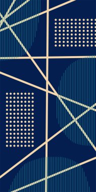 Çizgili Modern Soyut Mozaik ve Geometrik Şekiller Süslemeli Vektör Tasarımı. Noktalar, çizgiler ve geometrik şekiller mozaiğiyle soyut bir arkaplan. Memphis tarzı sanat ile poster için soyut arkaplan.