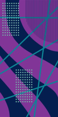 Çizgili Modern Soyut Mozaik ve Geometrik Şekiller Süslemeli Vektör Tasarımı. Noktalar, çizgiler ve geometrik şekiller mozaiğiyle soyut bir arkaplan. Memphis tarzı sanat ile poster için soyut arkaplan.