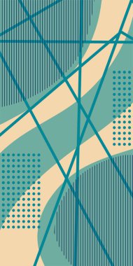 Çizgili Modern Soyut Mozaik ve Geometrik Şekiller Süslemeli Vektör Tasarımı. Noktalar, çizgiler ve geometrik şekiller mozaiğiyle soyut bir arkaplan. Memphis tarzı sanat ile poster için soyut arkaplan.