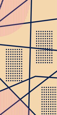 Çizgili Modern Soyut Mozaik ve Geometrik Şekiller Süslemeli Vektör Tasarımı. Noktalar, çizgiler ve geometrik şekiller mozaiğiyle soyut bir arkaplan. Memphis tarzı sanat ile poster için soyut arkaplan.