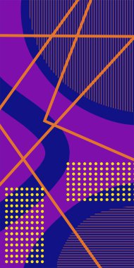 Çizgili Modern Soyut Mozaik ve Geometrik Şekiller Süslemeli Vektör Tasarımı. Noktalar, çizgiler ve geometrik şekiller mozaiğiyle soyut bir arkaplan. Memphis tarzı sanat ile poster için soyut arkaplan.