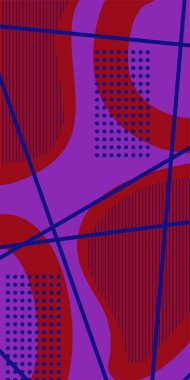 Çizgili Modern Soyut Mozaik ve Geometrik Şekiller Süslemeli Vektör Tasarımı. Noktalar, çizgiler ve geometrik şekiller mozaiğiyle soyut bir arkaplan. Memphis tarzı sanat ile poster için soyut arkaplan.