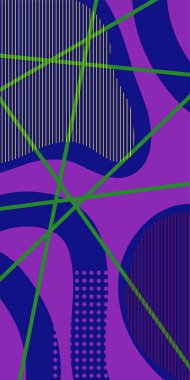 Çizgili Modern Soyut Mozaik ve Geometrik Şekiller Süslemeli Vektör Tasarımı. Noktalar, çizgiler ve geometrik şekiller mozaiğiyle soyut bir arkaplan. Memphis tarzı sanat ile poster için soyut arkaplan.