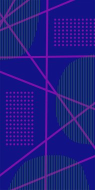 Çizgili Modern Soyut Mozaik ve Geometrik Şekiller Süslemeli Vektör Tasarımı. Noktalar, çizgiler ve geometrik şekiller mozaiğiyle soyut bir arkaplan. Memphis tarzı sanat ile poster için soyut arkaplan.