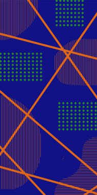 Çizgili Modern Soyut Mozaik ve Geometrik Şekiller Süslemeli Vektör Tasarımı. Noktalar, çizgiler ve geometrik şekiller mozaiğiyle soyut bir arkaplan. Memphis tarzı sanat ile poster için soyut arkaplan.