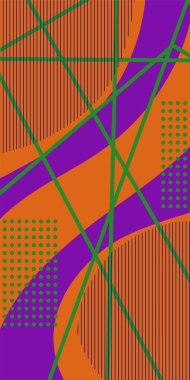 Çizgili Modern Soyut Mozaik ve Geometrik Şekiller Süslemeli Vektör Tasarımı. Noktalar, çizgiler ve geometrik şekiller mozaiğiyle soyut bir arkaplan. Memphis tarzı sanat ile poster için soyut arkaplan.