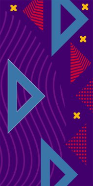 Modern Soyut Mozaik Geometrik Şekiller ve Süslü Vektör Tasarımı. Geometrik şekillerin mozaiğiyle soyut arkaplan süslemeleri. Memphis tarzı sanat ile poster için soyut arkaplan.