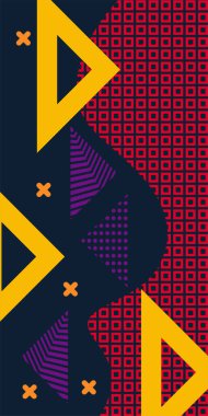 Modern Soyut Mozaik Geometrik Şekiller ve Süslü Vektör Tasarımı. Geometrik şekillerin mozaiğiyle soyut arkaplan süslemeleri. Memphis tarzı sanat ile poster için soyut arkaplan.