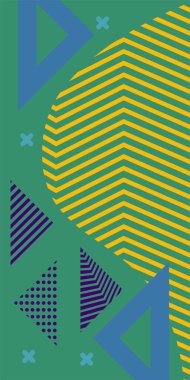 Modern Soyut Mozaik Geometrik Şekiller ve Süslü Vektör Tasarımı. Geometrik şekillerin mozaiğiyle soyut arkaplan süslemeleri. Memphis tarzı sanat ile poster için soyut arkaplan.