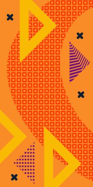 Modern Soyut Mozaik Geometrik Şekiller ve Süslü Vektör Tasarımı. Geometrik şekillerin mozaiğiyle soyut arkaplan süslemeleri. Memphis tarzı sanat ile poster için soyut arkaplan.