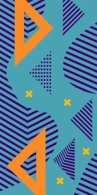 Modern Soyut Mozaik Geometrik Şekiller ve Süslü Vektör Tasarımı. Geometrik şekillerin mozaiğiyle soyut arkaplan süslemeleri. Memphis tarzı sanat ile poster için soyut arkaplan.