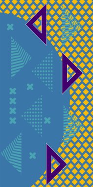 Modern Soyut Mozaik Geometrik Şekiller ve Süslü Vektör Tasarımı. Geometrik şekillerin mozaiğiyle soyut arkaplan süslemeleri. Memphis tarzı sanat ile poster için soyut arkaplan.