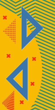 Modern Soyut Mozaik Geometrik Şekiller ve Süslü Vektör Tasarımı. Geometrik şekillerin mozaiğiyle soyut arkaplan süslemeleri. Memphis tarzı sanat ile poster için soyut arkaplan.