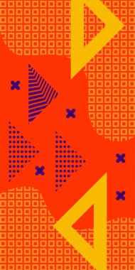 Modern Soyut Mozaik Geometrik Şekiller ve Süslü Vektör Tasarımı. Geometrik şekillerin mozaiğiyle soyut arkaplan süslemeleri. Memphis tarzı sanat ile poster için soyut arkaplan.