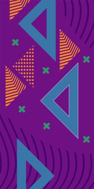 Modern Soyut Mozaik Geometrik Şekiller ve Süslü Vektör Tasarımı. Geometrik şekillerin mozaiğiyle soyut arkaplan süslemeleri. Memphis tarzı sanat ile poster için soyut arkaplan.