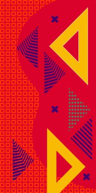 Modern Soyut Mozaik Geometrik Şekiller ve Süslü Vektör Tasarımı. Geometrik şekillerin mozaiğiyle soyut arkaplan süslemeleri. Memphis tarzı sanat ile poster için soyut arkaplan.