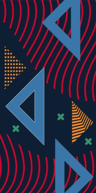 Modern Soyut Mozaik Geometrik Şekiller ve Süslü Vektör Tasarımı. Geometrik şekillerin mozaiğiyle soyut arkaplan süslemeleri. Memphis tarzı sanat ile poster için soyut arkaplan.