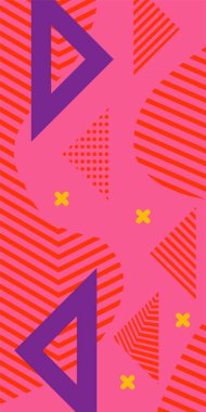 Modern Soyut Mozaik Geometrik Şekiller ve Süslü Vektör Tasarımı. Geometrik şekillerin mozaiğiyle soyut arkaplan süslemeleri. Memphis tarzı sanat ile poster için soyut arkaplan.