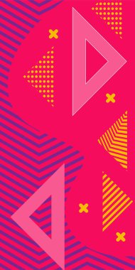 Modern Soyut Mozaik Geometrik Şekiller ve Süslü Vektör Tasarımı. Geometrik şekillerin mozaiğiyle soyut arkaplan süslemeleri. Memphis tarzı sanat ile poster için soyut arkaplan.