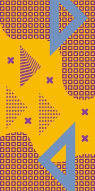 Modern Soyut Mozaik Geometrik Şekiller ve Süslü Vektör Tasarımı. Geometrik şekillerin mozaiğiyle soyut arkaplan süslemeleri. Memphis tarzı sanat ile poster için soyut arkaplan.