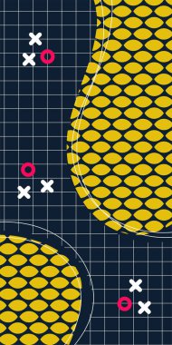 Modern Soyut Mozaik Geometrik Şekiller ve Süslü Vektör Tasarımı. Geometrik şekillerin mozaiğiyle soyut arkaplan süslemeleri. Memphis tarzı sanat ile poster için soyut arkaplan.