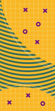 Modern Soyut Mozaik Geometrik Şekiller ve Süslü Vektör Tasarımı. Geometrik şekillerin mozaiğiyle soyut arkaplan süslemeleri. Memphis tarzı sanat ile poster için soyut arkaplan.