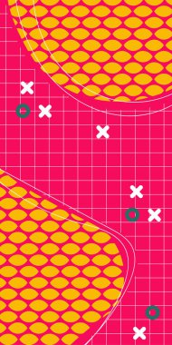 Modern Soyut Mozaik Geometrik Şekiller ve Süslü Vektör Tasarımı. Geometrik şekillerin mozaiğiyle soyut arkaplan süslemeleri. Memphis tarzı sanat ile poster için soyut arkaplan.