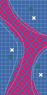 Modern Soyut Mozaik Geometrik Şekiller ve Süslü Vektör Tasarımı. Geometrik şekillerin mozaiğiyle soyut arkaplan süslemeleri. Memphis tarzı sanat ile poster için soyut arkaplan.