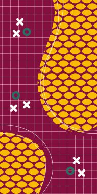 Modern Soyut Mozaik Geometrik Şekiller ve Süslü Vektör Tasarımı. Geometrik şekillerin mozaiğiyle soyut arkaplan süslemeleri. Memphis tarzı sanat ile poster için soyut arkaplan.