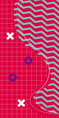 Modern Soyut Mozaik Geometrik Şekiller ve Süslü Vektör Tasarımı. Geometrik şekillerin mozaiğiyle soyut arkaplan süslemeleri. Memphis tarzı sanat ile poster için soyut arkaplan.