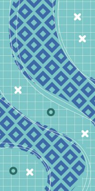 Modern Soyut Mozaik Geometrik Şekiller ve Süslü Vektör Tasarımı. Geometrik şekillerin mozaiğiyle soyut arkaplan süslemeleri. Memphis tarzı sanat ile poster için soyut arkaplan.