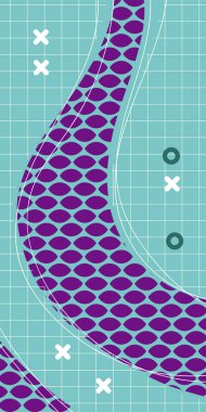 Modern Soyut Mozaik Geometrik Şekiller ve Süslü Vektör Tasarımı. Geometrik şekillerin mozaiğiyle soyut arkaplan süslemeleri. Memphis tarzı sanat ile poster için soyut arkaplan.