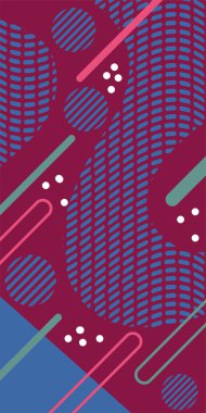 Modern Soyut Mozaik Geometrik Şekiller ve Süslü Vektör Tasarımı. Geometrik şekillerin mozaiğiyle soyut arkaplan süslemeleri. Memphis tarzı sanat ile poster için soyut arkaplan.