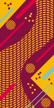 Modern Soyut Mozaik Geometrik Şekiller ve Süslü Vektör Tasarımı. Geometrik şekillerin mozaiğiyle soyut arkaplan süslemeleri. Memphis tarzı sanat ile poster için soyut arkaplan.