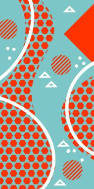 Modern Soyut Mozaik Geometrik Şekiller ve Süslü Vektör Tasarımı. Geometrik şekillerin mozaiğiyle soyut arkaplan süslemeleri. Memphis tarzı sanat ile poster için soyut arkaplan.