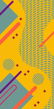 Modern Soyut Mozaik Geometrik Şekiller ve Süslü Vektör Tasarımı. Geometrik şekillerin mozaiğiyle soyut arkaplan süslemeleri. Memphis tarzı sanat ile poster için soyut arkaplan.