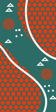 Modern Soyut Mozaik Geometrik Şekiller ve Süslü Vektör Tasarımı. Geometrik şekillerin mozaiğiyle soyut arkaplan süslemeleri. Memphis tarzı sanat ile poster için soyut arkaplan.